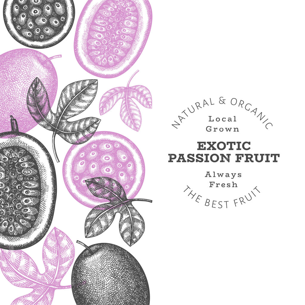 پس‌زمینه با سبک طراحی دستی: میوه پشن فروت. میوه تازه و ارگانیک. میوه‌های استوایی به سبک قدیمی