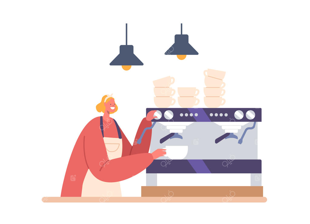 زنی باریستا در حال دم کردن قهوه و سرو نوشیدنی داغ در کافه، با پیشبند کار می‌کند.