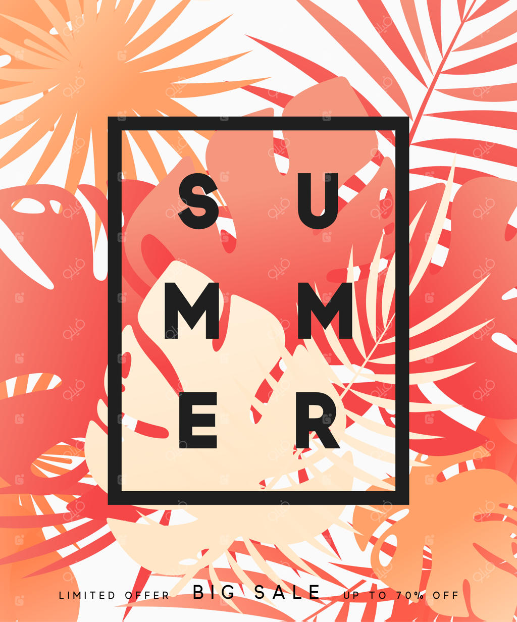 بنر تابستانی با پس‌زمینه‌ی استوایی: طراحی پوستر تابستانی با برگ‌ها