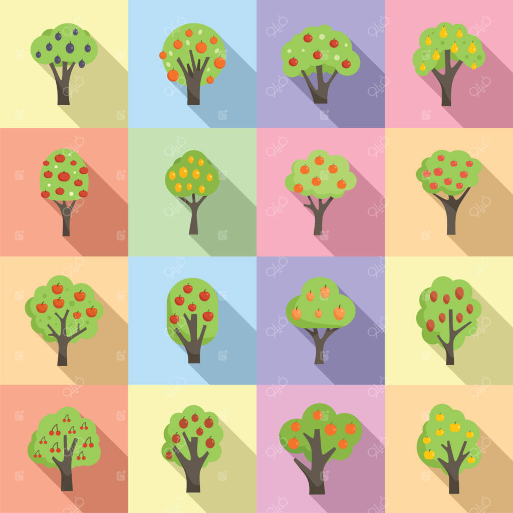 مجموعه آیکون‌های درختان میوه - طراحی تخت. باغ سیب
