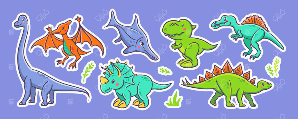 مجموعه دایناسورهای بامزه به سبک کاوایی آسیایی؛ تیرانوسوروس رکس، استگوسوروس، تریسراتوپس، پتروسور، اسپینوسوروس، ایکتیوسور و دیپلودوکوس. خزندگان شکارچی ماقبل تاریخ، مسکات و شخصیت کارتونی