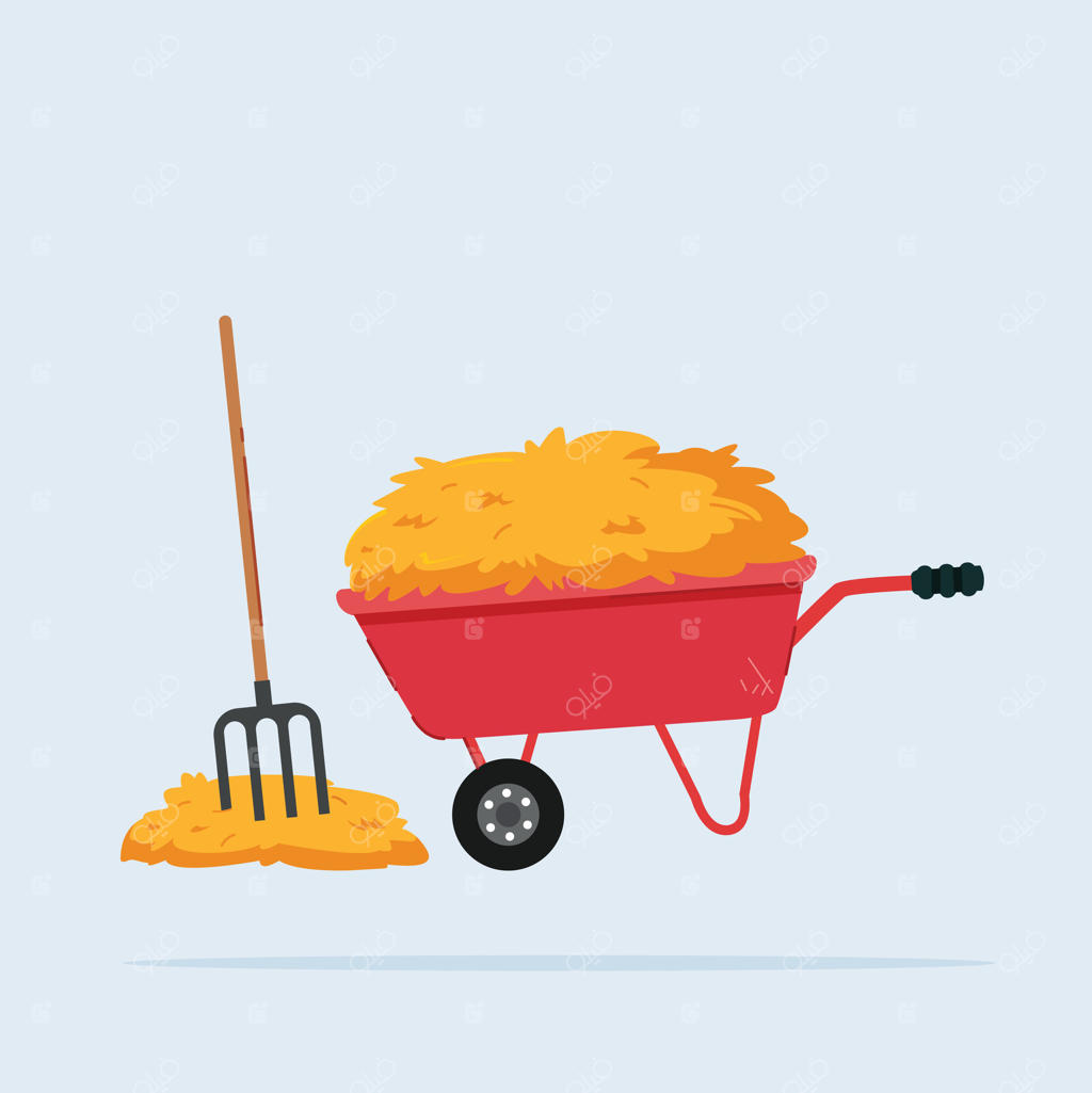 حمل یونجه خشک با چنگک باغبانی، مناسب برای پوسترها و آیکون‌های وب