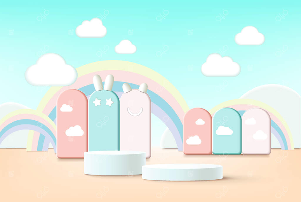 رندر سه بعدی سکوی نمایش و اشکال هندسی انتزاعی با فضای خالی برای محصولات کودکانه یا نوزادان