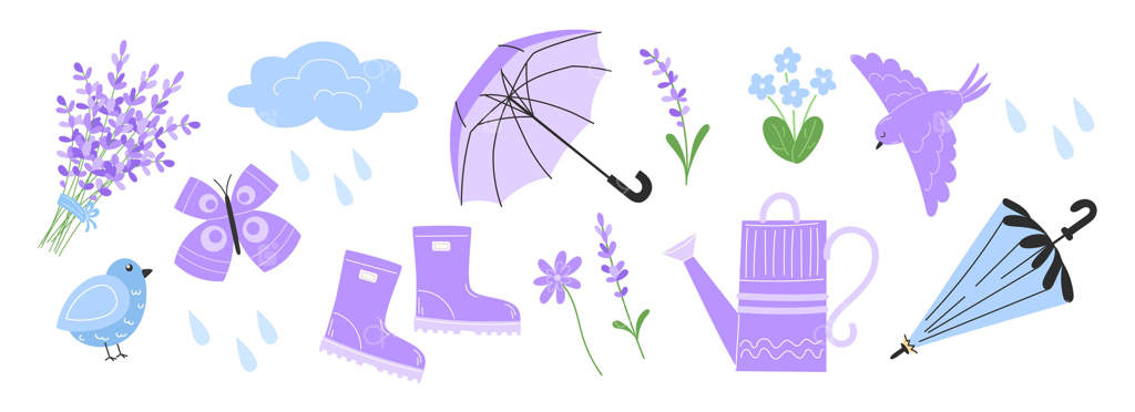 مجموعه بهاری با چکمه‌های لاستیکی، چتر، گل‌های اسطوخودوس و پروانه‌ها به سبک ساده. لوازم باغبانی جذاب برای بهار و تابستان