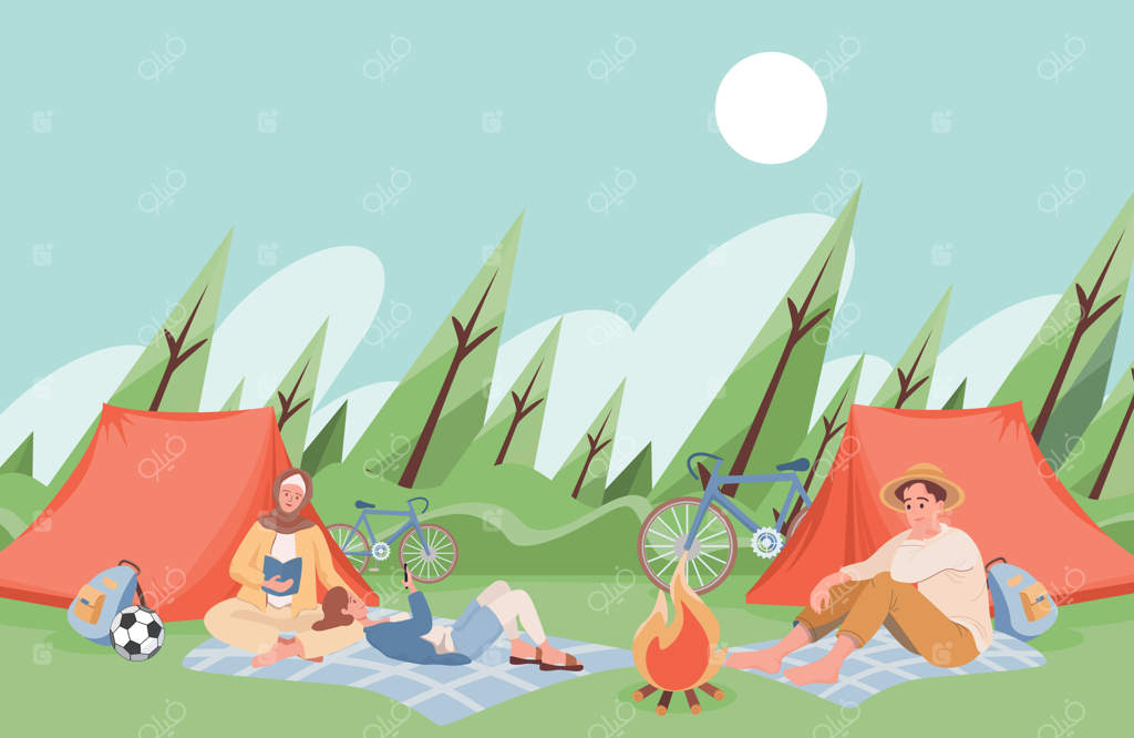 دوستان در کمپ تابستانی کنار آتش‌نشان به خواندن کتاب می‌پردازند.