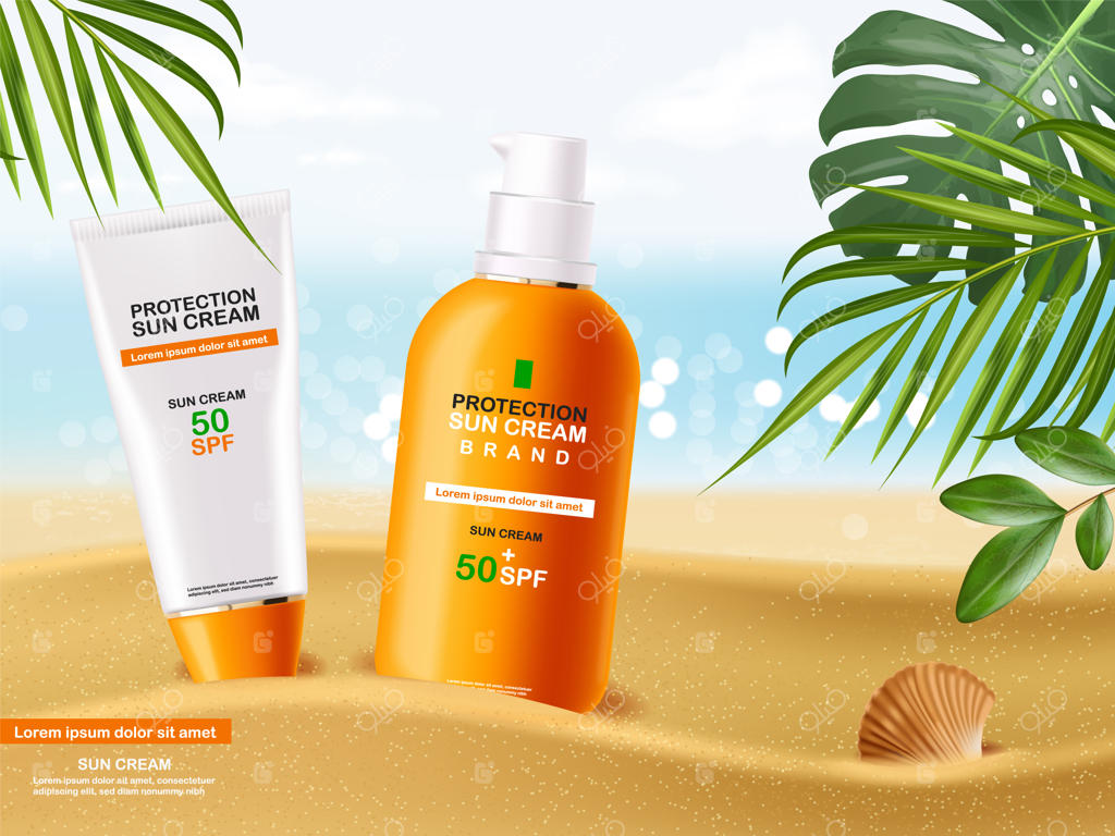 بطری کرم ضد‌آفتاب با پس‌زمینه دریا - موکاپ بسته‌بندی گرمسیری