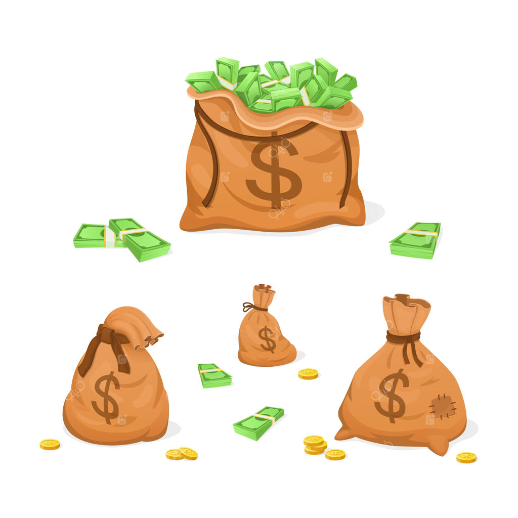 کیسه کارتون پول نقد بزرگ با بسته‌های اسکناس و دلار: امور مالی، صورتحساب‌ها، بدهی، کسب‌وکار، اقتصاد، پر از یورو و دلار - وکتور دقیق