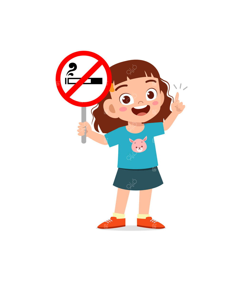 کودک بامزه‌ای که تابلویی درباره سیگار کشیدن در دست دارد