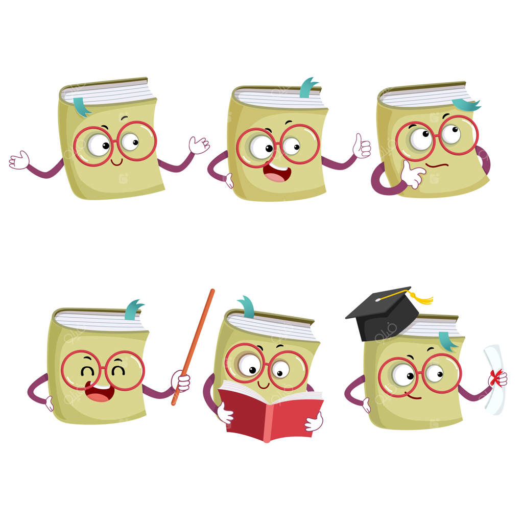 مجموعه تصاویر ماسکات کتاب کارتونی شاد در حالت‌ها و احساسات مختلف