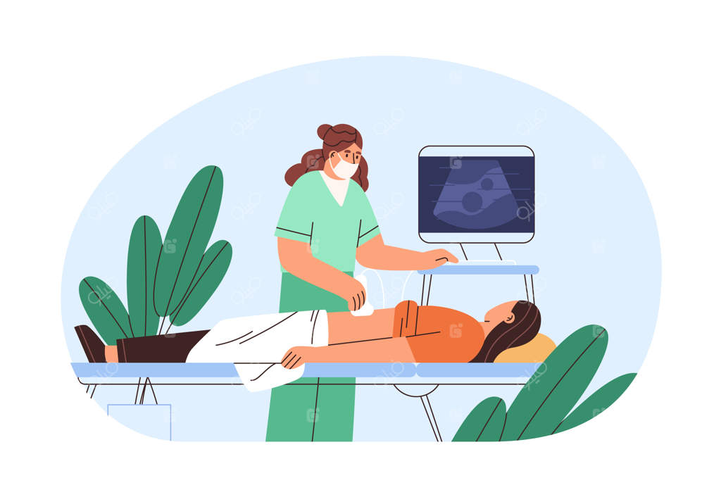 بیمار در حال سونوگرافی معده. پزشک با دستگاه سونوگرافی در بیمارستان. بررسی سونوگرافی. تشخیص با امواج ماورای‌صوت در کلینیک. تصویرسازی وکتور ساده بر روی زمینه سفید.