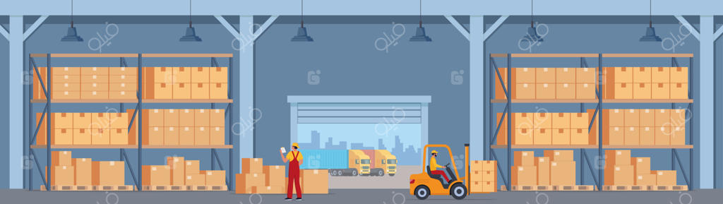 طراحی داخلی انبار با قفسه‌ها و کارکنان مشغول به کار. مفهوم خدمات تحویل لجستیک. تصویر وکتور.