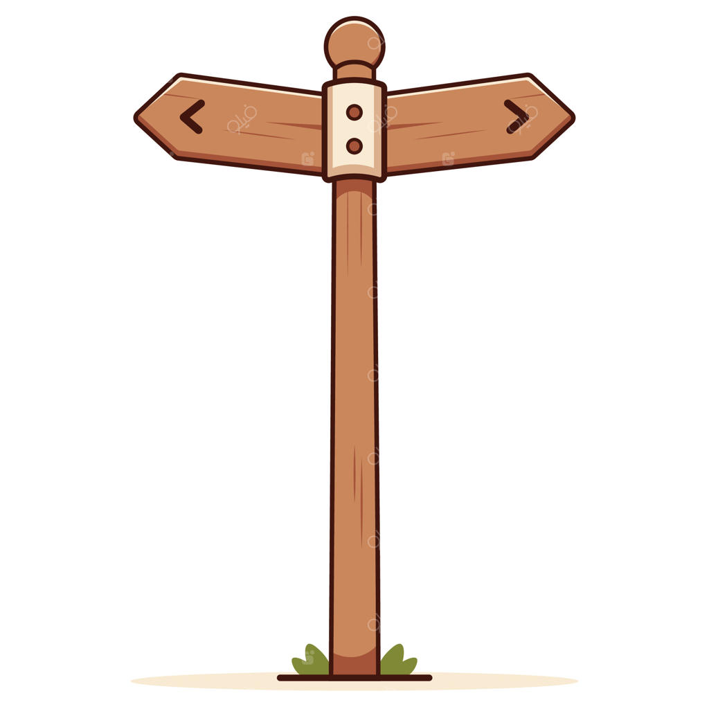 تصویرسازی ساده کارتونی از یک تابلو چوبی با دو فلش خالی که در جهت‌های مخالف به هم اشاره می‌کنند، بر روی زمینه سفید. مفهوم انتخاب، تصمیم‌گیری و راهنمایی.