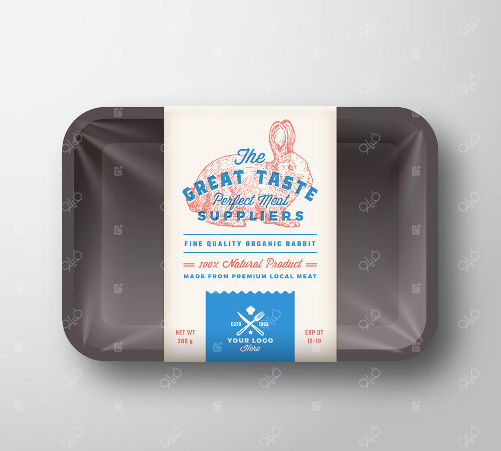 طعم عالی گوشت خرگوش در بسته‌بندی پلاستیکی با پوشش سلفونی. طراحی برچسب بسته‌بندی با تایپوگرافی رترو. طراحی دستی طرح خرگوش کلاسیک.