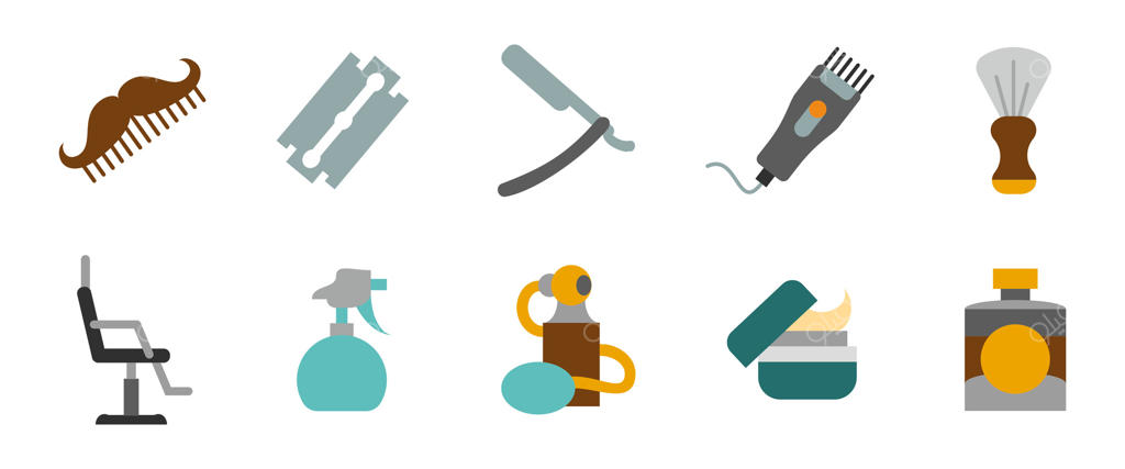 نماد پیرایشگر: ابزارهای اصلاح مو و صورت با تریمر ریش، تیغ و شانه سبیل. ضروریات آرایشگاه برای سالن‌های مردانه و مراقبت شخصی.