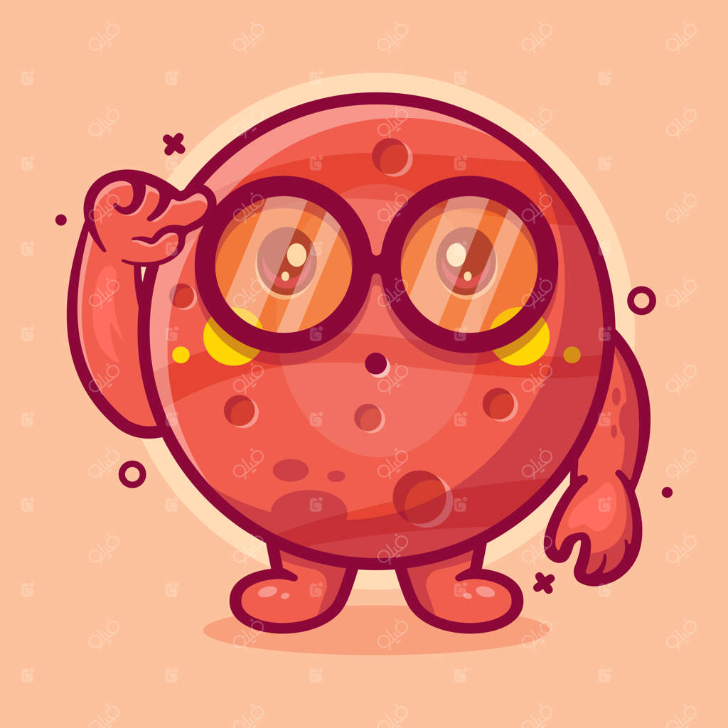 شخصیت سیاره هوشمند مریخ با حالت تفکر - طراحی کارتونی به سبک تخت