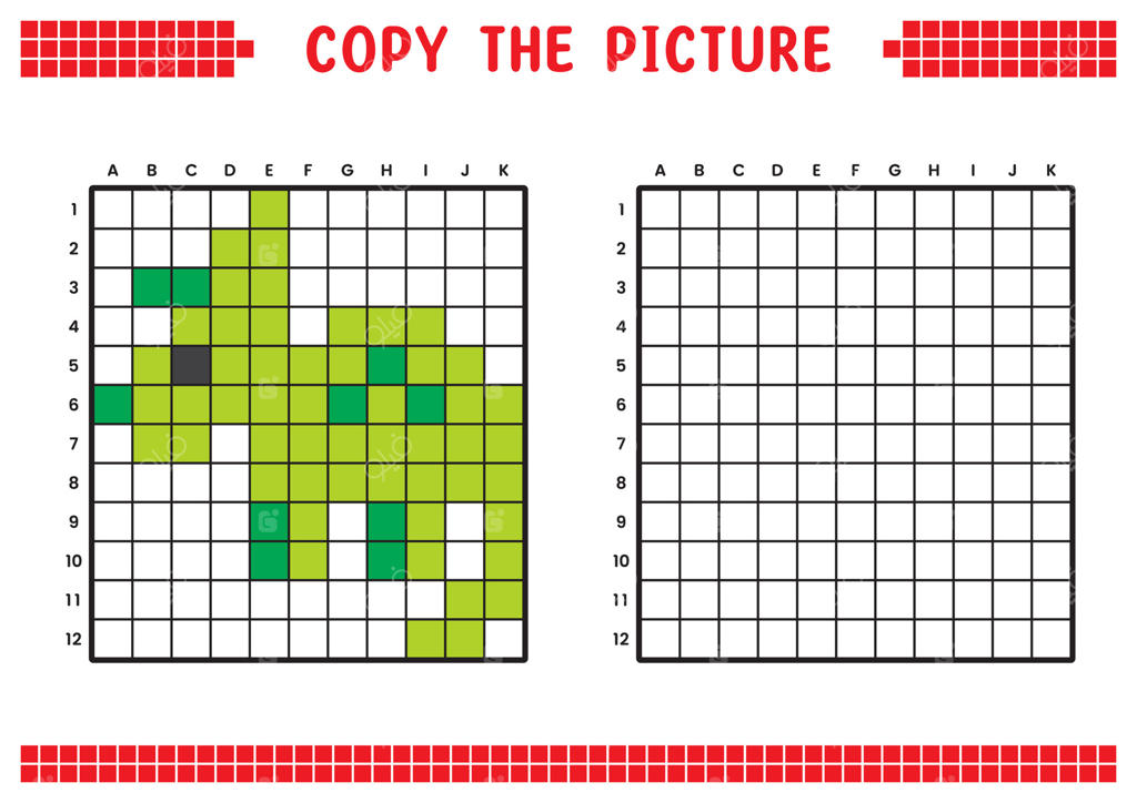 تصویر را کپی کن، شبکه را کامل کن. کاربرگ‌های آموزشی برای نقاشی با مربع‌ها. فعالیت‌های رنگ‌آمیزی پیش‌دبستانی و بازی‌های کودکانه. کارتونی پیکسلی از دایناسور ترایسراتوپس.