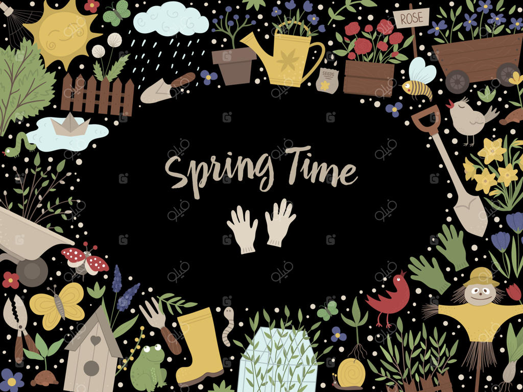 قاب افقی باغ برداری با ابزار باغبانی، گل‌ها، حشرات و گیاهان. بنر یا دعوت‌نامه با فضای مناسب برای متن. پترن کارت بهاری زیبا.