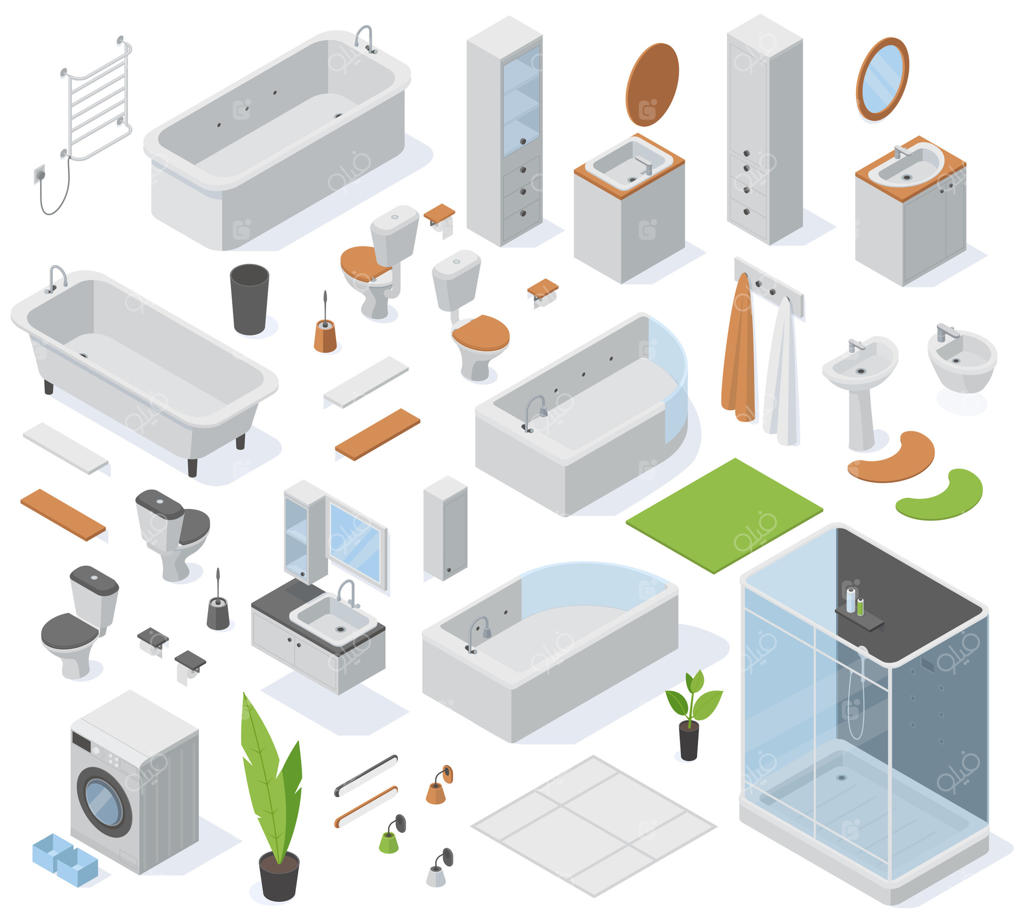 مبلمان ایزومتریک حمام، توالت سه‌بعدی، روشویی، کابین دوش و سینک. مجموعه تصویرسازی لوازم مدرن سرویس بهداشتی و المان‌های دکوراسیون داخلی حمام