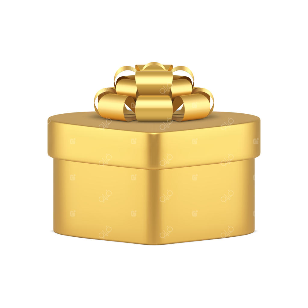 جعبه هدیه لوکس طلایی به شکل قلب با پاپیون براق - تصویر سازی سه بعدی و واقع‌گرایانه