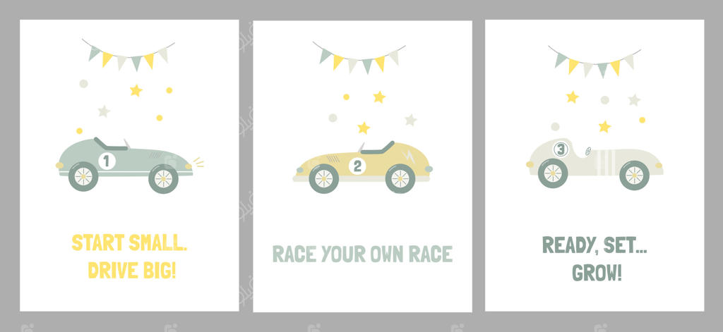 مجموعه‌ای با پوسترهای زیبا برای اتاق کودکان - ماشین‌های مسابقه‌ای با طراحی ساده و مسطح