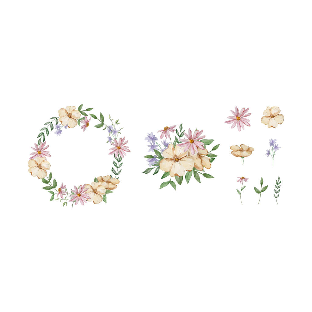 حاشیه با گل‌ها و برگ‌های باغ آبرنگی