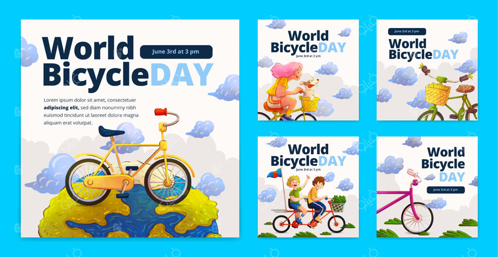 مجموعه پست‌های اینستاگرام روز جهانی دوچرخه با طرح آبرنگی