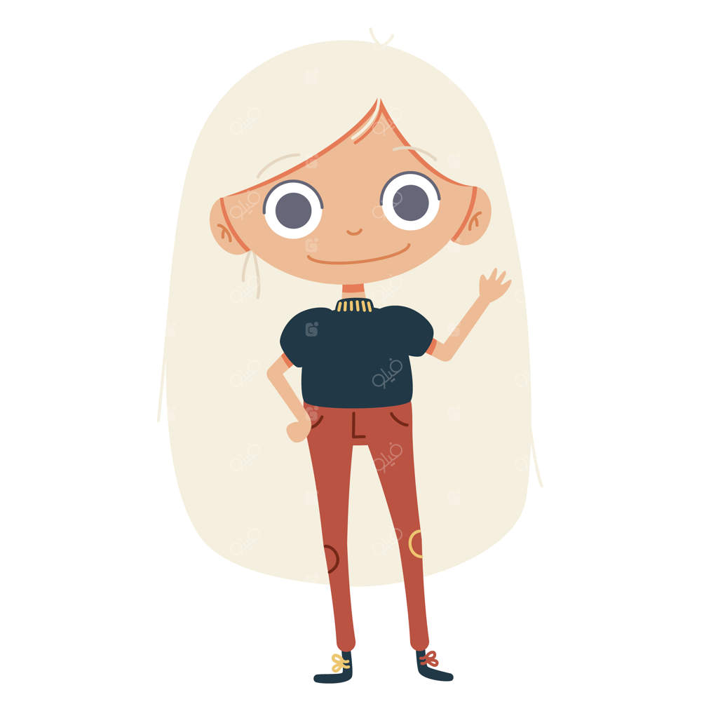 تصویر کارتونی وکتور: دختری بامزه که سلام می‌کند و دست تکان می‌دهد