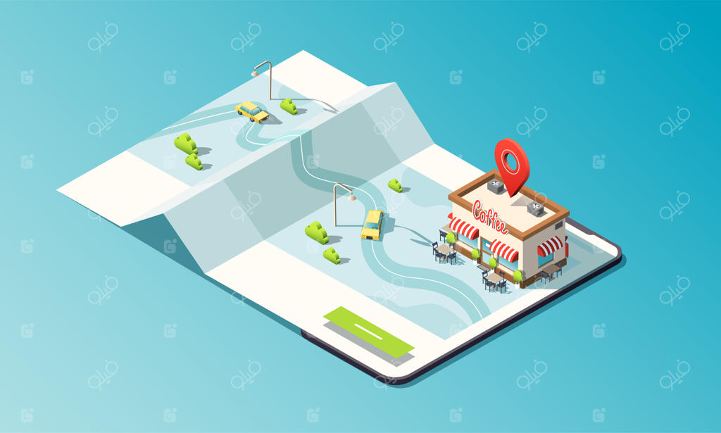 طرح ایزومتریک از گوشی با نقشه، کافه و تاکسی