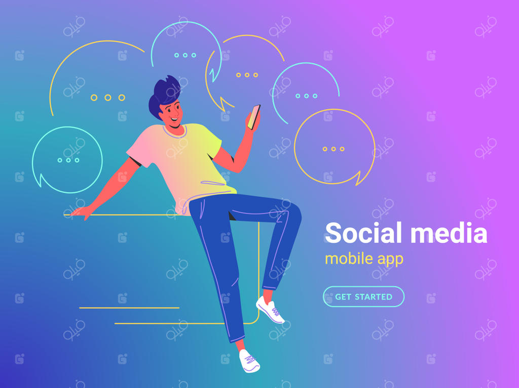 مرد در حال استفاده از اپلیکیشن موبایل - تصویرسازی مفهومی از مرد جوان در حال نشستن و استفاده از موبایل برای ارسال پیامک و پیام‌های فوری در شبکه‌های اجتماعی. افرادی شاد و پر انرژی بر روی پس‌زمینه گرادینت.