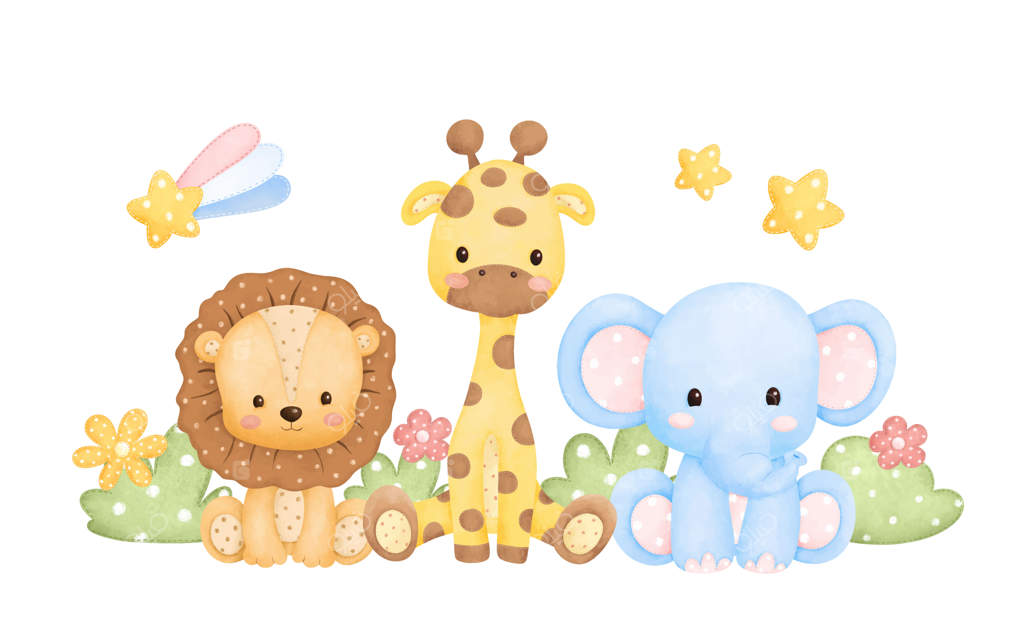 نقاشی آبرنگی: حیوانات سافاری عروسکی در باغچه