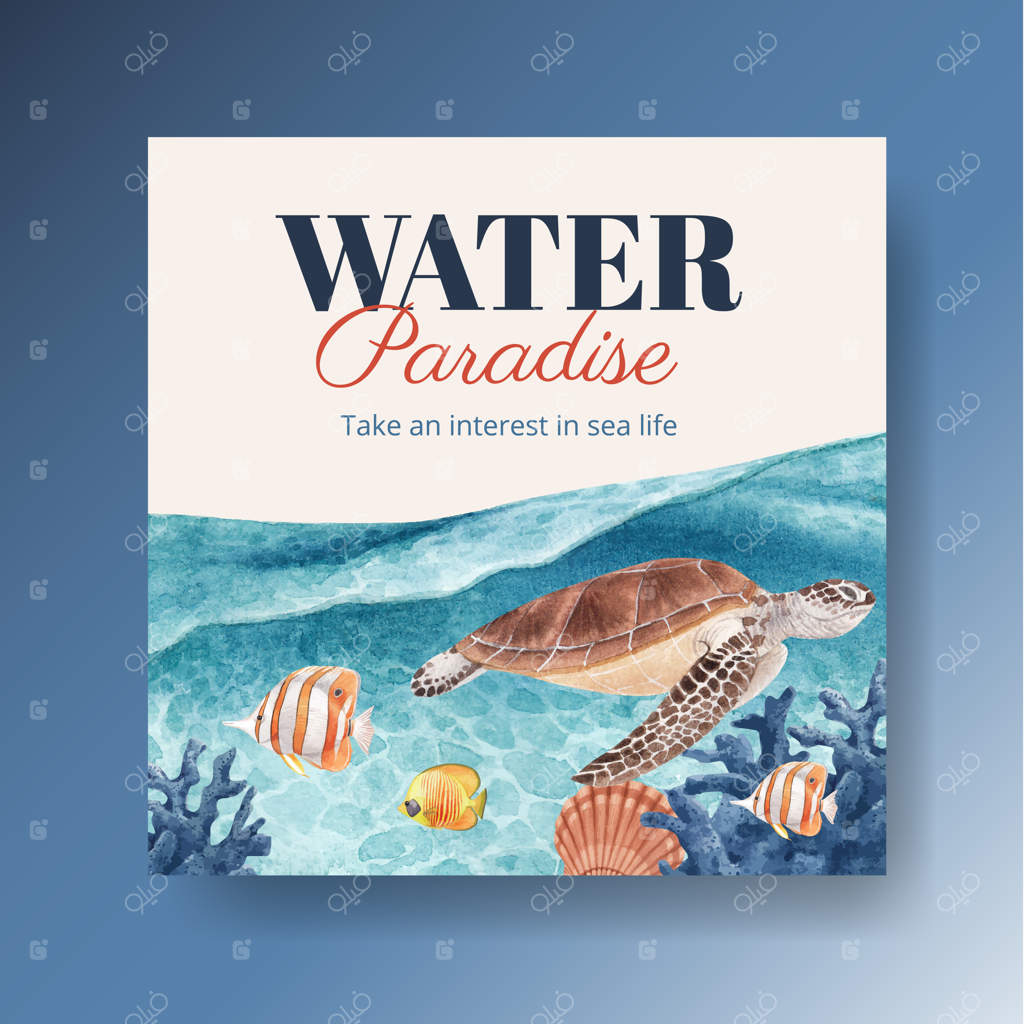 پترن بنر با طراحی موجودات دریایی به سبک آبرنگ