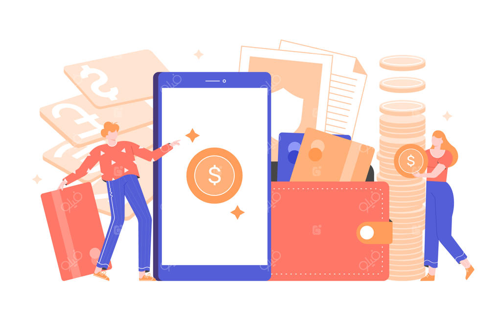 تصویر مفهومی از یک اپلیکیشن مالی: کیف پول آنلاین، بانکداری، سرمایه‌گذاری و پس‌انداز. شخصیت مرد با کارت اعتباری، زن با سکه طلا. کیف پول و گوشی هوشمند. طراحی تخت.