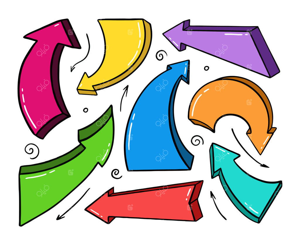 پیکان‌های کارتونی حجم با طراحی دستی در سبک دودل مناسب برای چاپ. تصویر وکتور در پس‌زمینه‌ سفید جدا شده است.