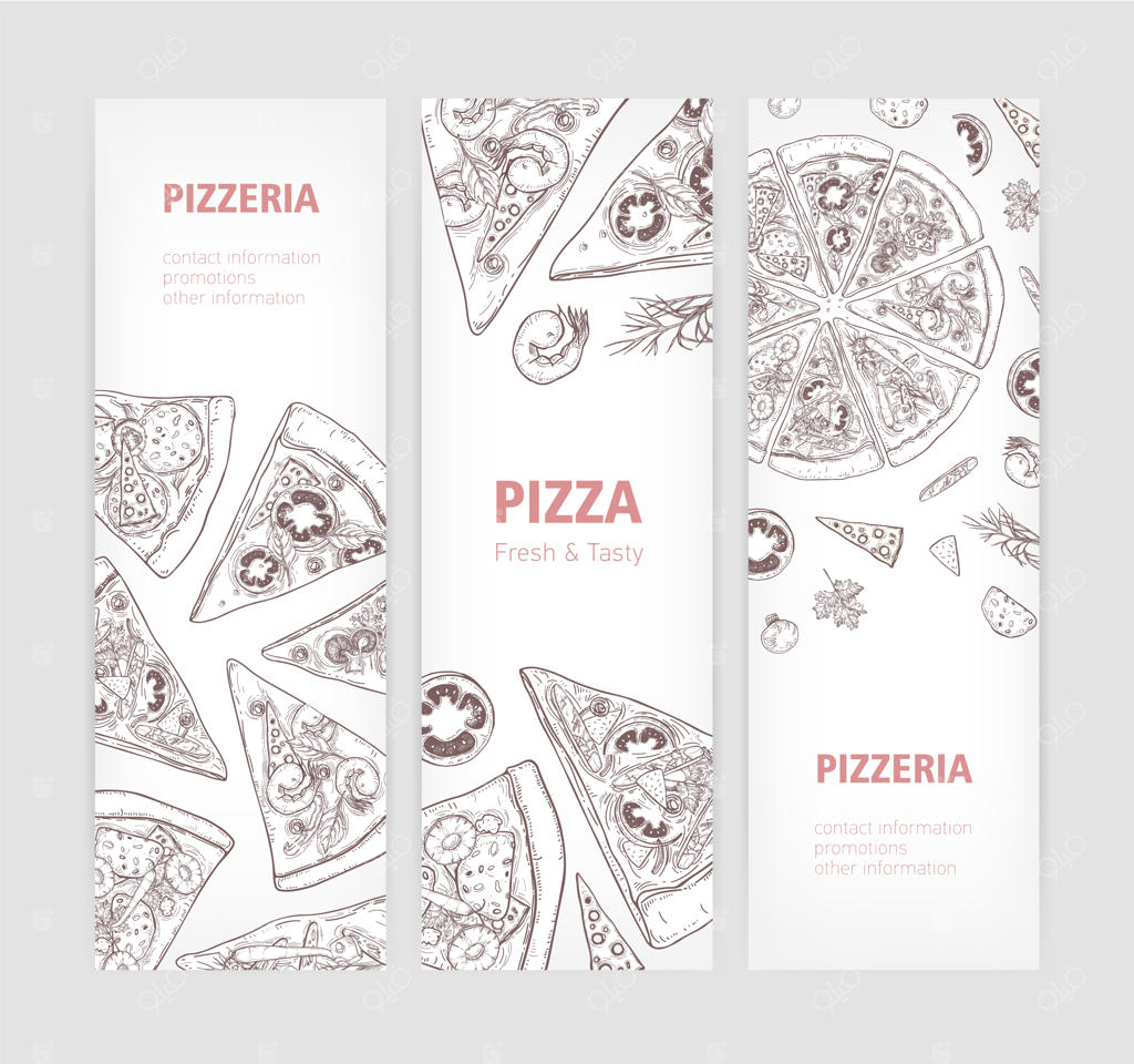 مجموعه قالب‌های بنر وب عمودی با طراحی دستی پیتزای کلاسیک خوشمزه