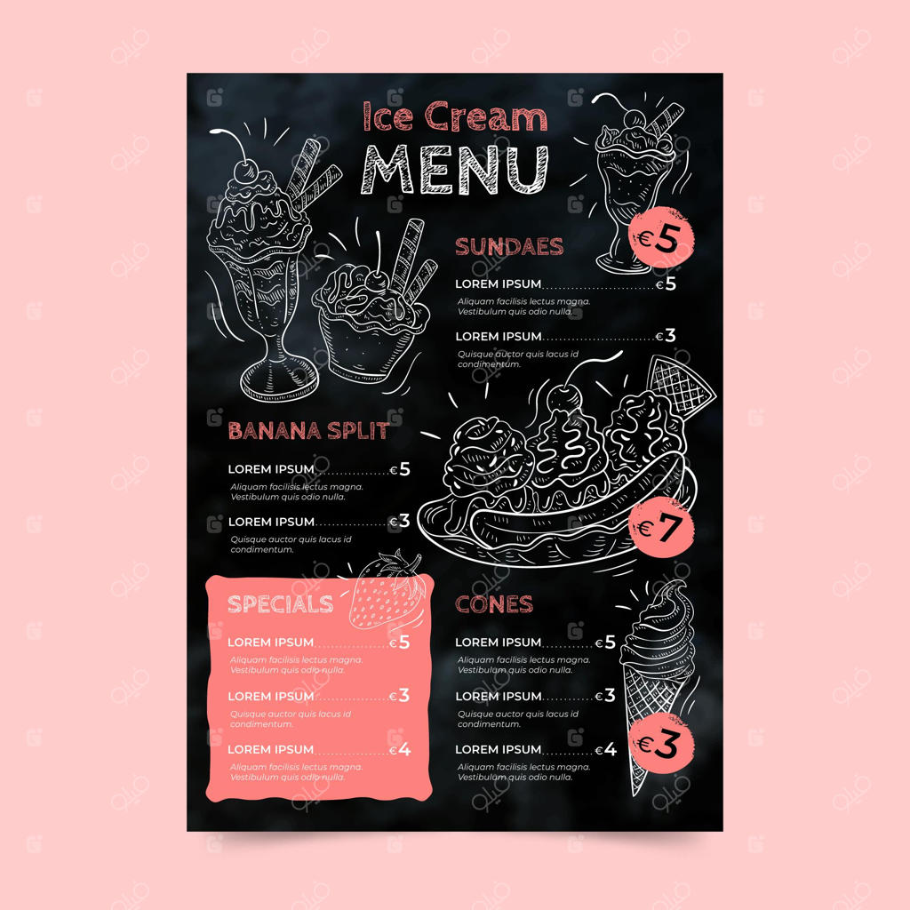 منوی بستنی نقاشی‌شده دستی روی تخته سیاه