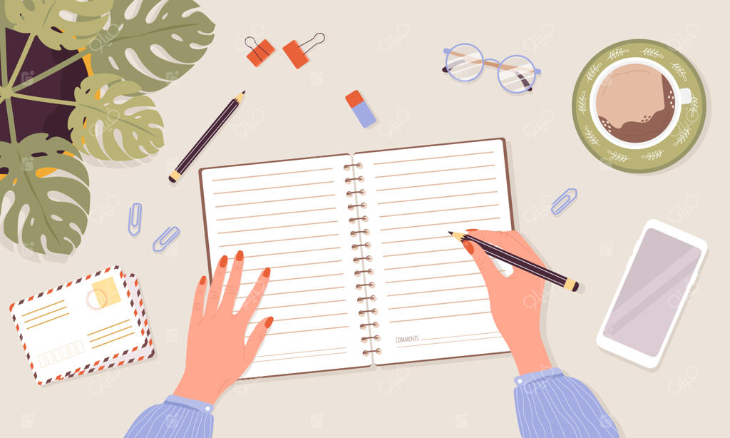 مفهوم محیط کار با دفتر خاطرات، دفتر برنامه‌ریزی یا دفترچه یادداشت باز