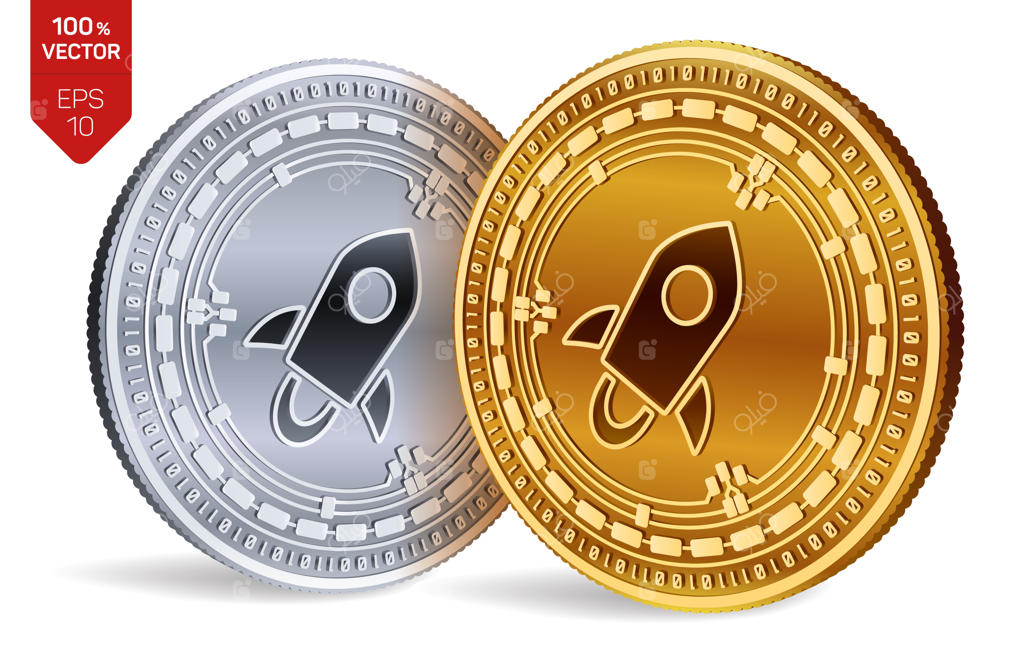 سکه‌های طلایی و نقره‌ای ارز دیجیتال با نماد استلار بر روی زمینه سفید.