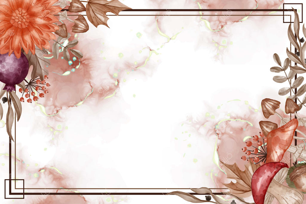 زمینه قاب پاییزی با آبرنگ شامل گل، برگ و قارچ با فضای سفید