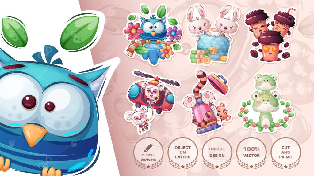 برچسب شخصیت کارتونی حیوان بامزه وکتور EPS 10