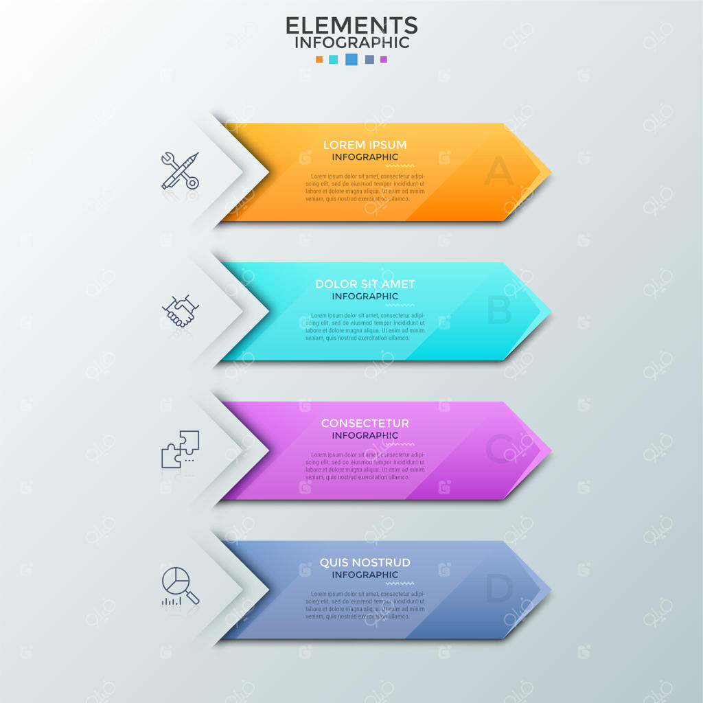 چهار فلش یا نشانگر رنگارنگ با جای متن، به صورت خطی نازک در زیر هم قرار گرفته‌اند. مفهوم فهرست برنامه‌ریزی با ۴ مرحله. قالب طراحی اینفوگرافیک. تصویر برداری.