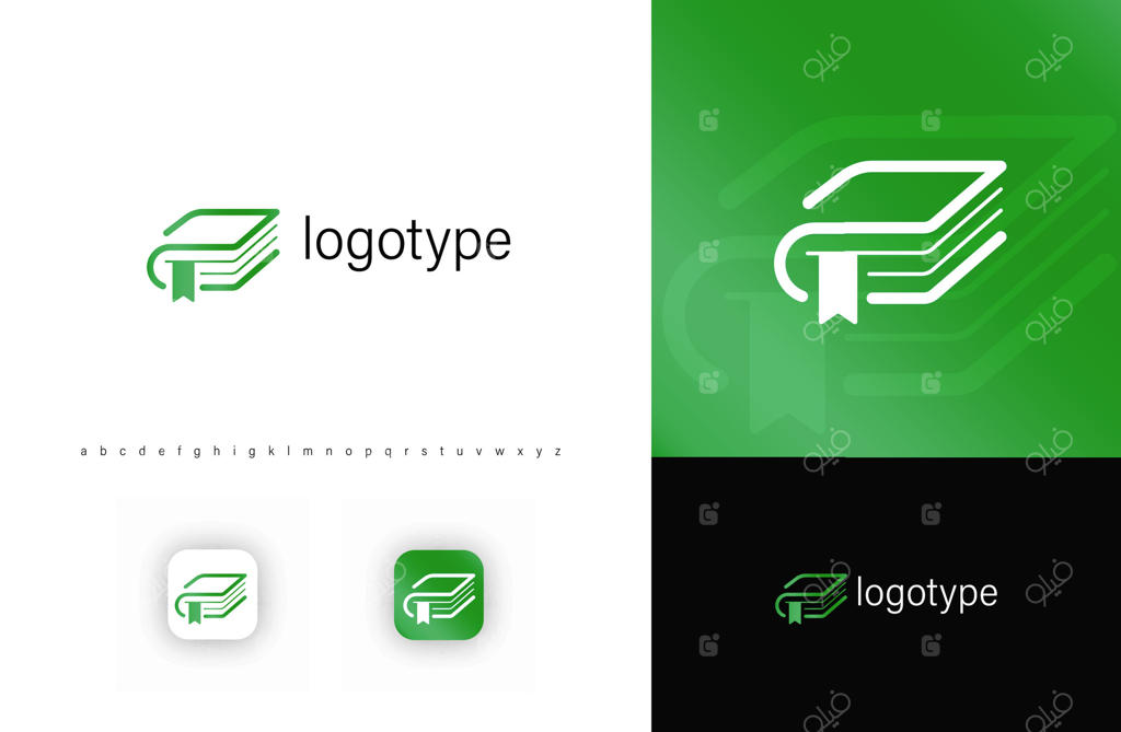 طراحی لوگوی مینیمالیستی کتاب با خطوط سبز انتزاعی و نشانک. نماد مدرن آموزش و دانش برای مدارس، دانشگاه‌ها، انتشارات و پلتفرم‌های یادگیری دیجیتال. لوگو