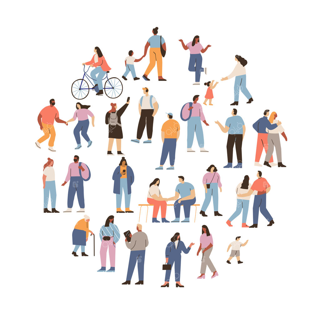 کاراکترهای فلت جمعیت زن و مرد در فضای باز با پس‌زمینه سفید