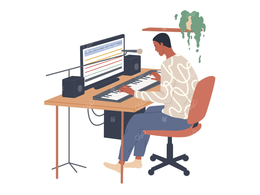 موزیسین پیانو دیجیتال می‌نوازد و با استفاده از یک ویرایشگر صوتی روی کامپیوترش ضبط می‌کند.