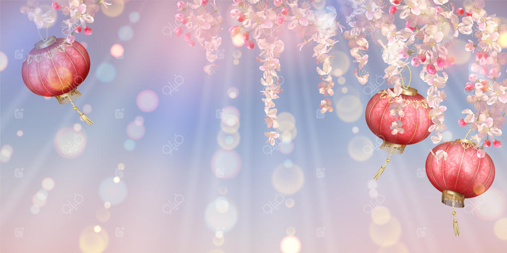 پس‌زمینه جشن بهاری با شکوفه‌های گیلاس، گلبرگ‌های پراکنده و فانوس‌های شرقی