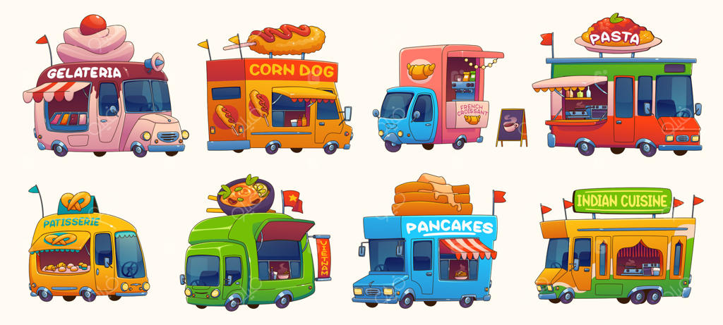 کامیون‌های غذای پرجنب‌وجوش با انتخاب‌های متنوع غذای خیابانی پرو وکتور