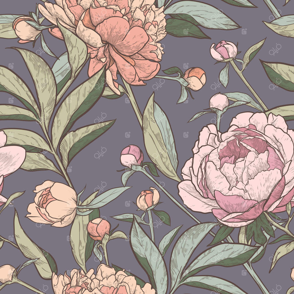 الگوی بدون درز گلدار با پس‌زمینه گل صدتومانی وینتیج - تصویرسازی برداری دستی