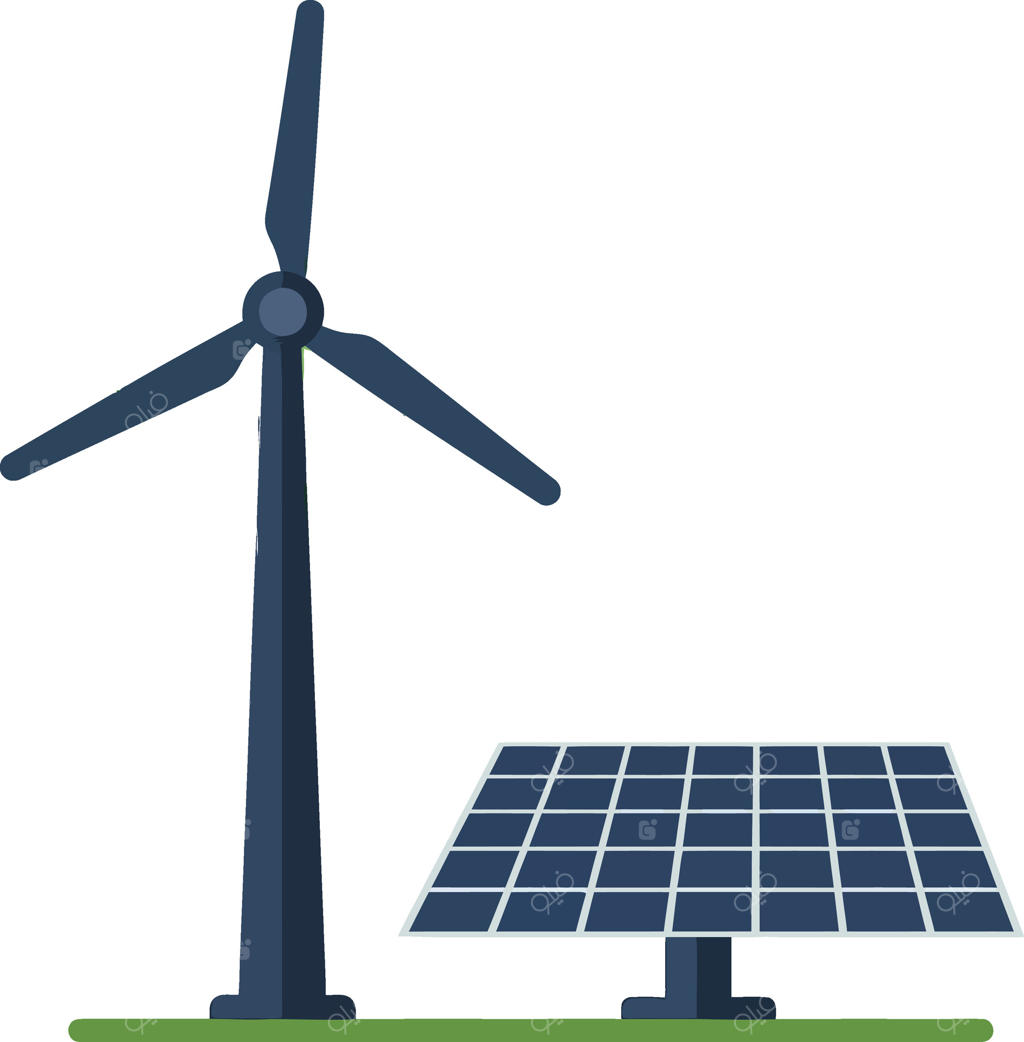 توربین بادی در کنار پنل خورشیدی در سبک هنر تخت، نمادی از منابع انرژی تجدیدپذیر