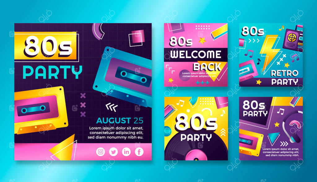 مجموعه پست‌های اینستاگرام با تم مهمانی دهه ۸۰ و رنگ‌های گرادیانی