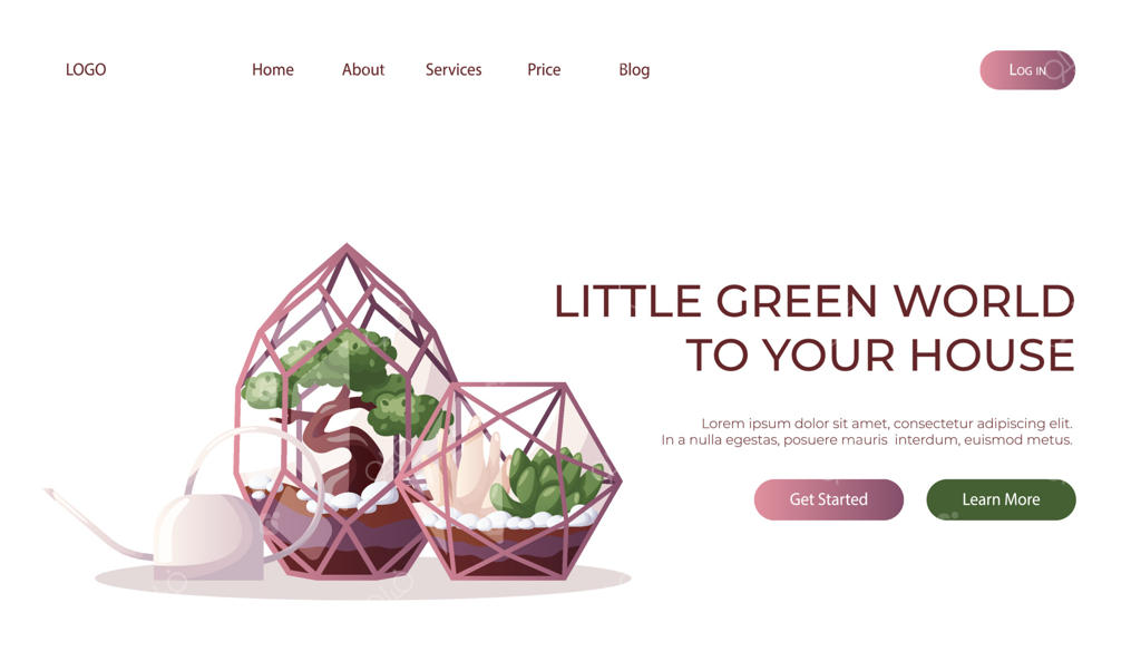 صفحه فرود با مجموعه‌ای از گیاهان خانگی و آب‌پاش. گیاهان آپارتمانی. باغچه خانگی، گلخانه، تراریوم، باغبانی، عاشقان گیاهان گلدانی. پوستر فروشگاه خانگی، بنر، کاور، کارت.