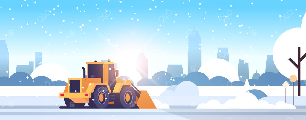 تراکتور برف‌روب در حال پاکسازی جاده‌های برفی شهر: مفهوم پاکسازی برف در زمستان با نمای شهری مدرن و آفتابی
